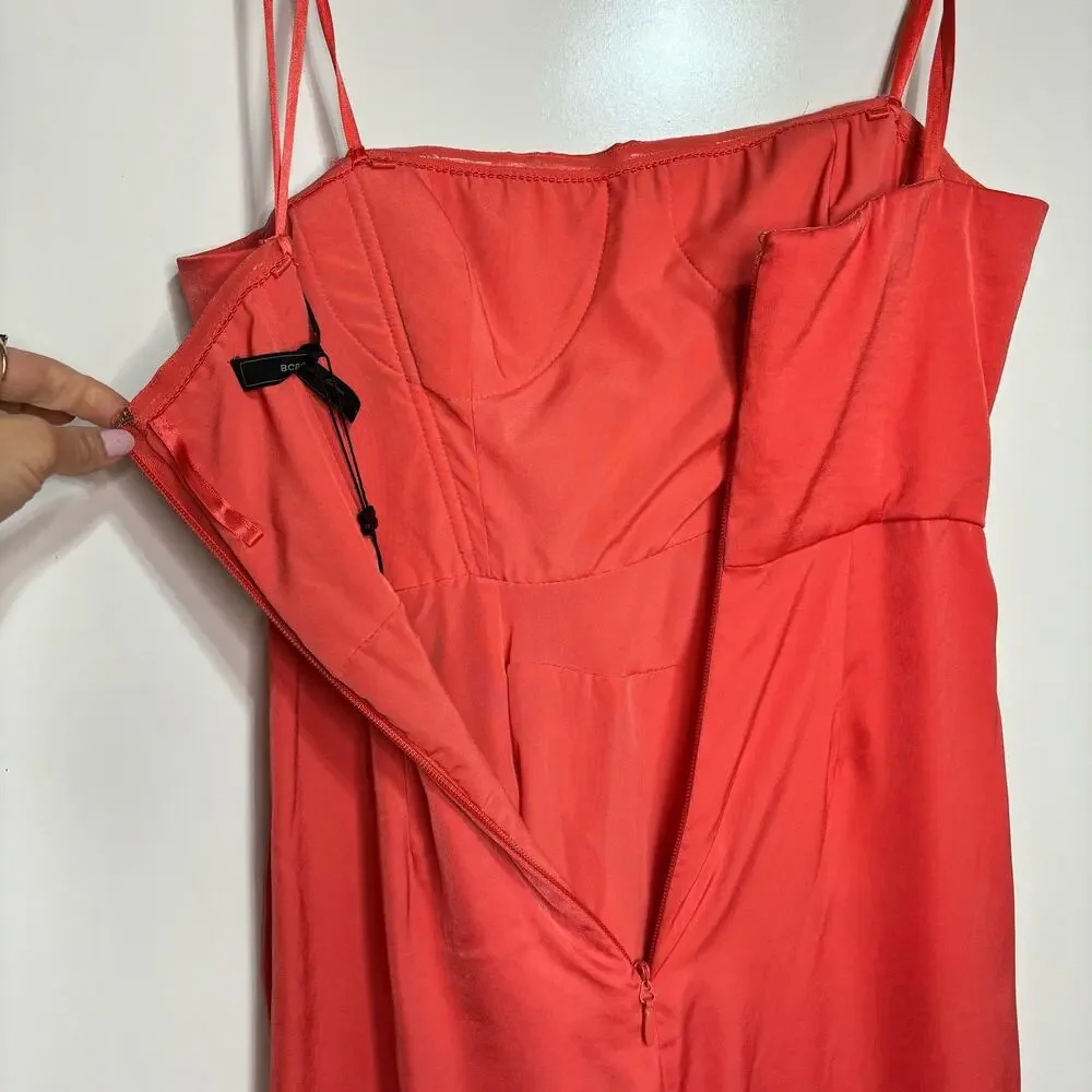 BCBG MaxAzria Ila Strapless Coral Satin Evening Dress Draped 0